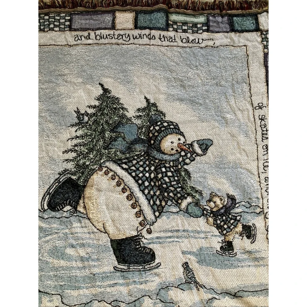 Heidi‎ Saterberg USA Snowman & Bear Skating Woven Tapestry Throw Blanket 48